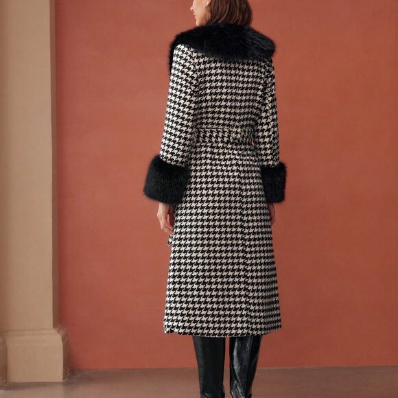 Black And White Elegant Women's Tweed Houndstooth Longline Overcoat - Picture 2 of 8